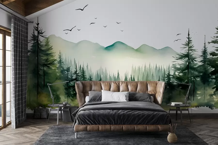 wall murals Акварел шумски и планински пејзажи, зелена палета боја  w02150