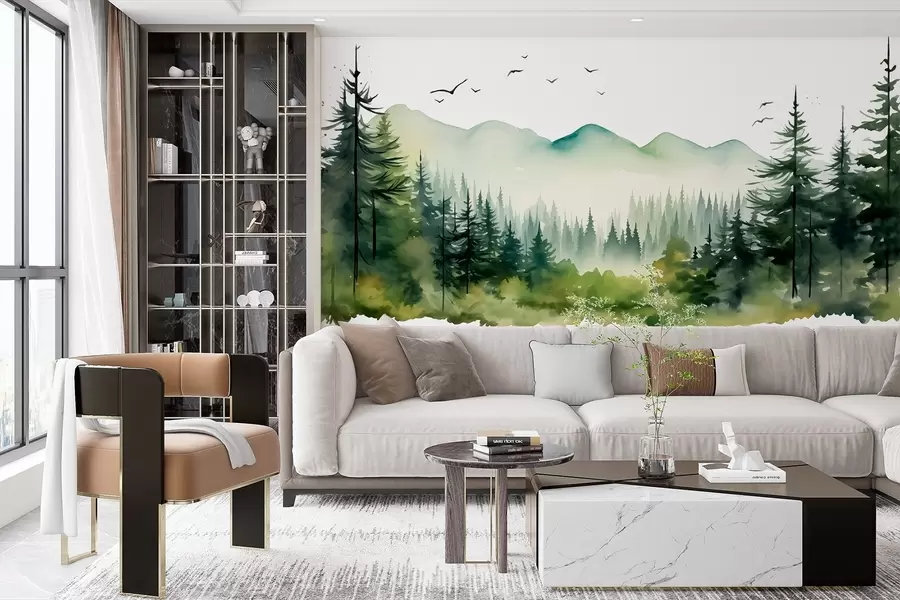 wall murals Акварел шумски и планински пејзажи, зелена палета боја  w02150