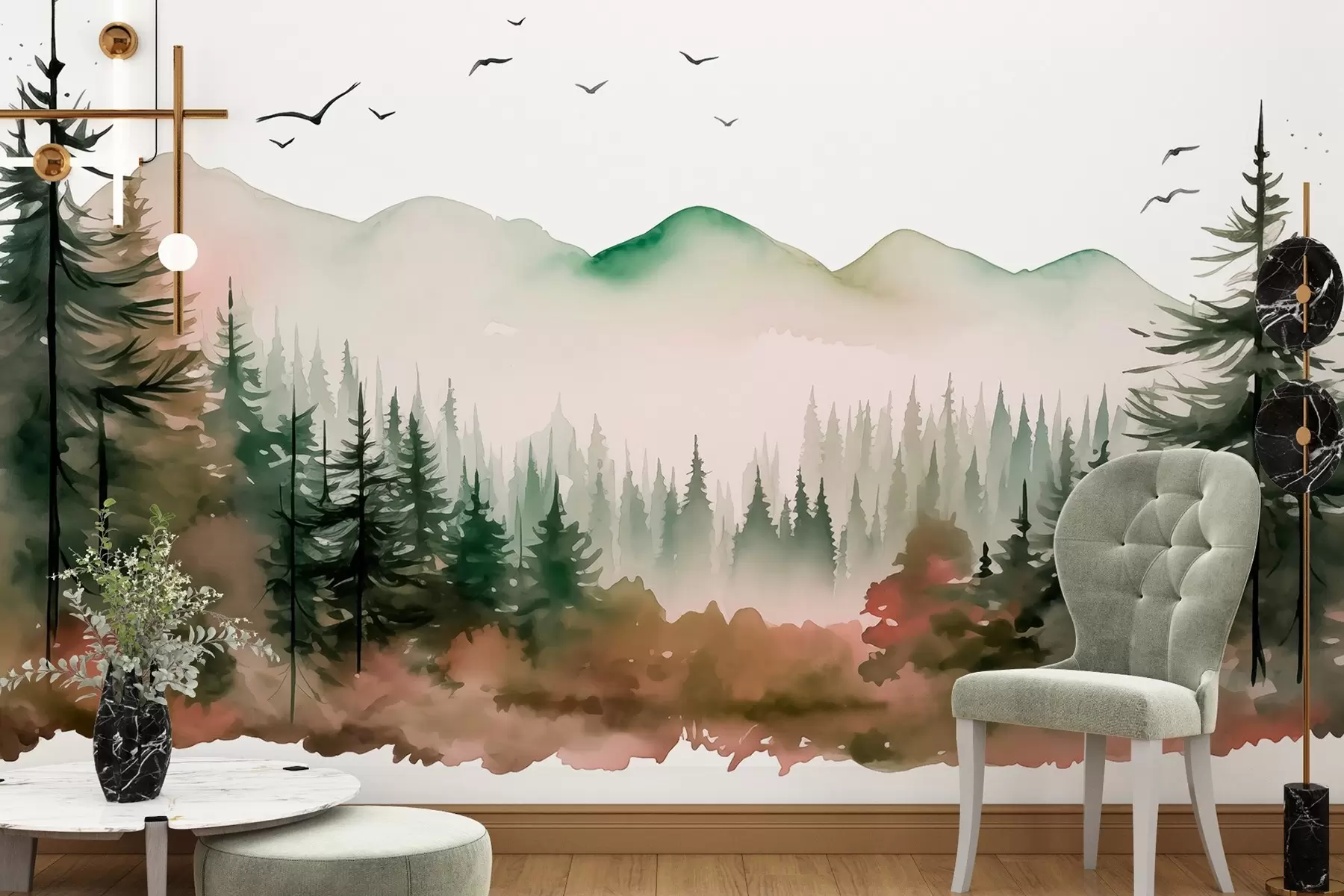 wall murals Акварел шумски и планински пејзажи, зелене и розе боје  w02150v1