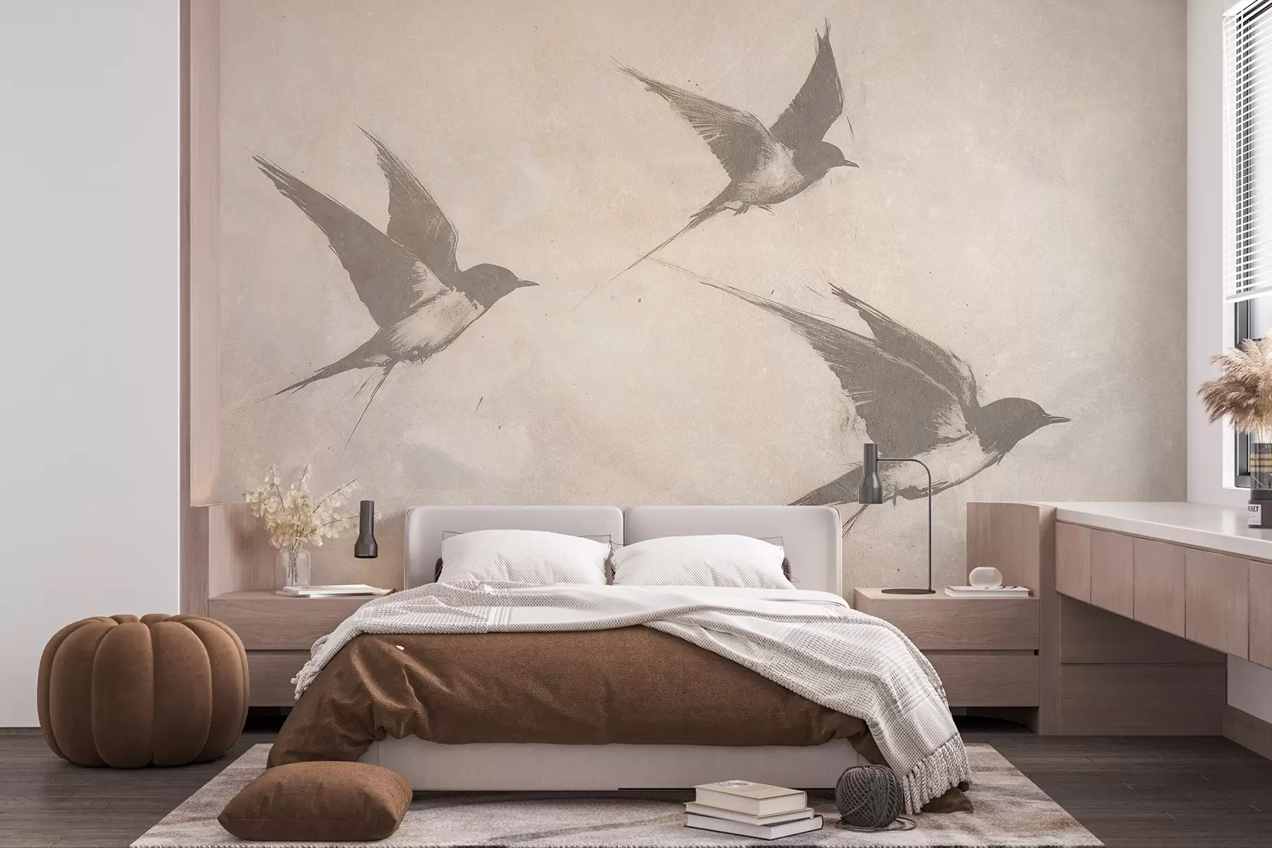 wall murals Птице које лете, врапци, цртеж мастилом, минимализам, беж боје w02151