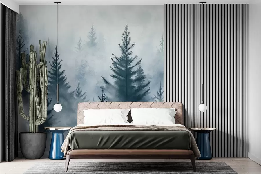 wall murals Шума у магли, борови, акварел, плаве боје w02152