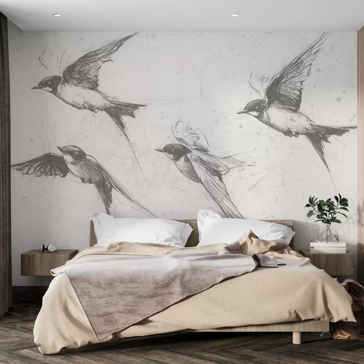 wall murals Птице које лете, цртеж тушем, минимализам, сиве боје w02155