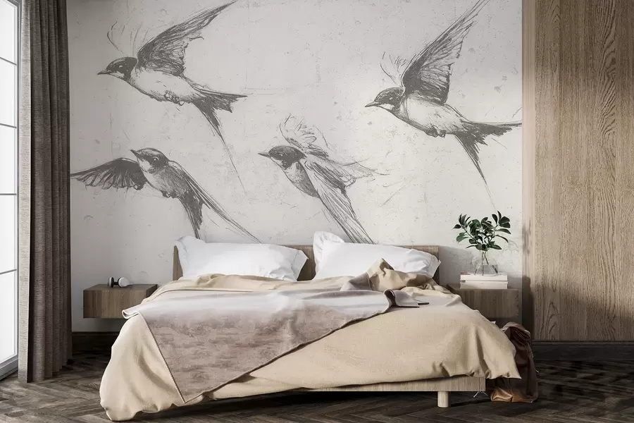 wall murals Птице које лете, цртеж тушем, минимализам, сиве боје w02155