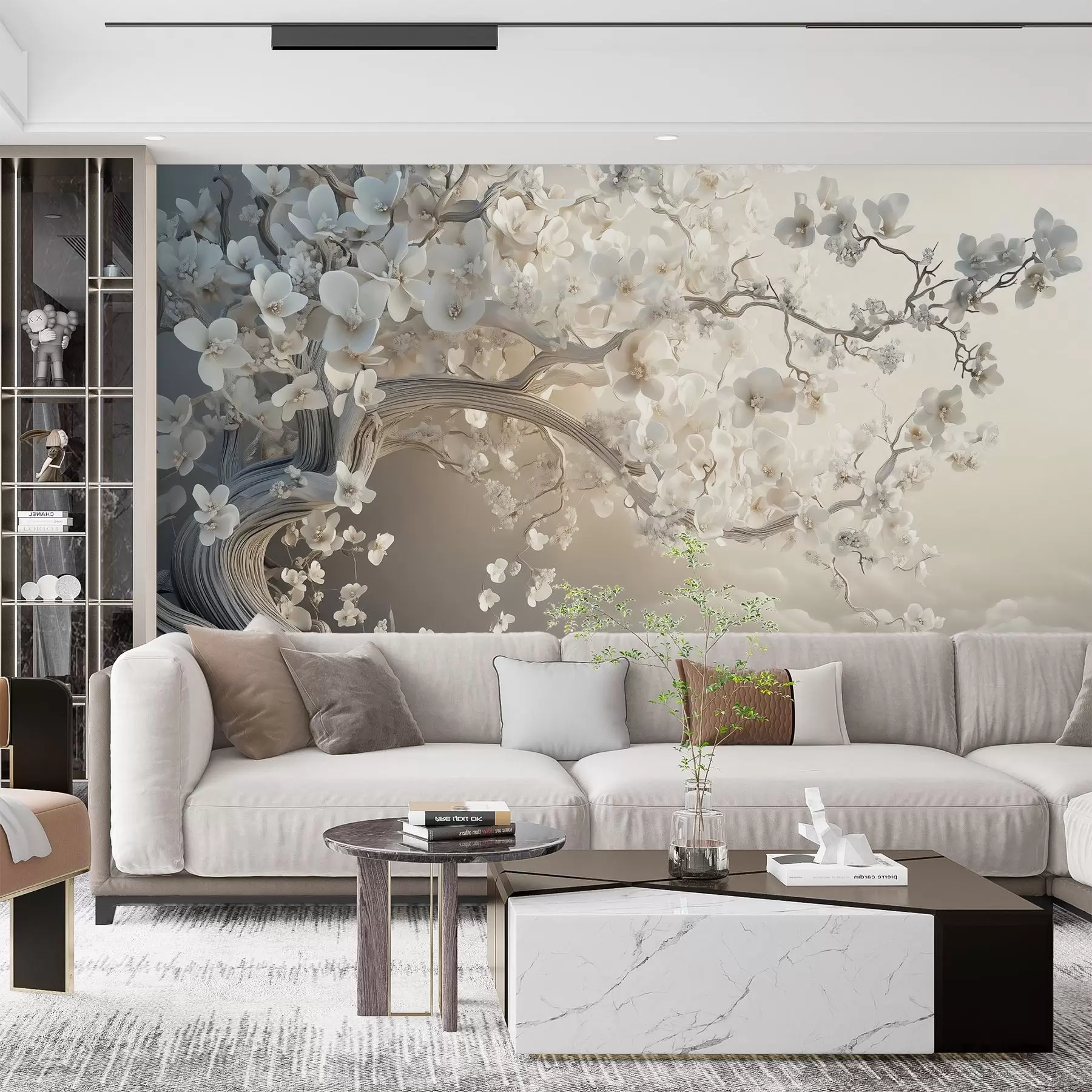 wall murals Шармантно дрво са белим цветовима на позадини облака у занимљивом стилу у деликатним топлим бојама w02133