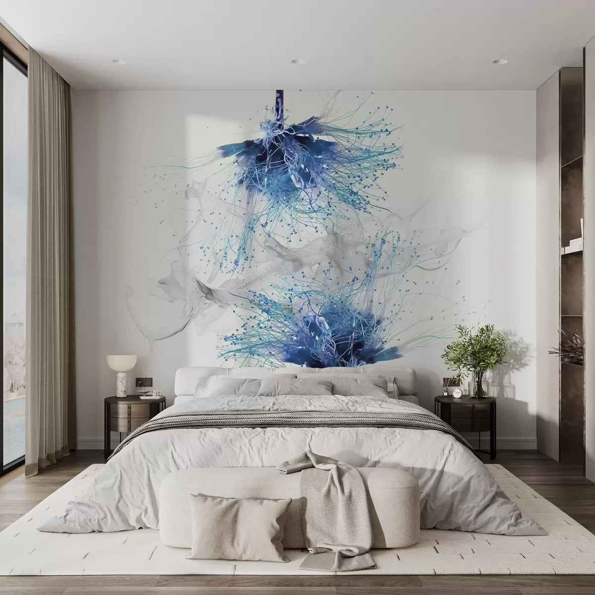 wall murals велики плави цветови у крупном плану на позадини дима  w02137v2