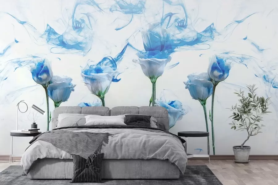 wall murals Беле руже под водом на белој позадини са пругама плаве акрилне боје. w02139