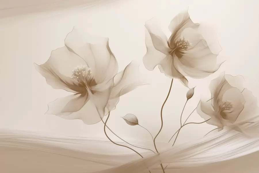 wall murals Три грациозна цвета са прозирним латицама, испреплетена тракама светлости и ветра у беж тоновима w01932