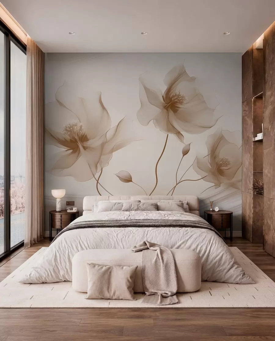 wall murals Три грациозна цвета са прозирним латицама, испреплетена тракама светлости и ветра у беж тоновима w01932