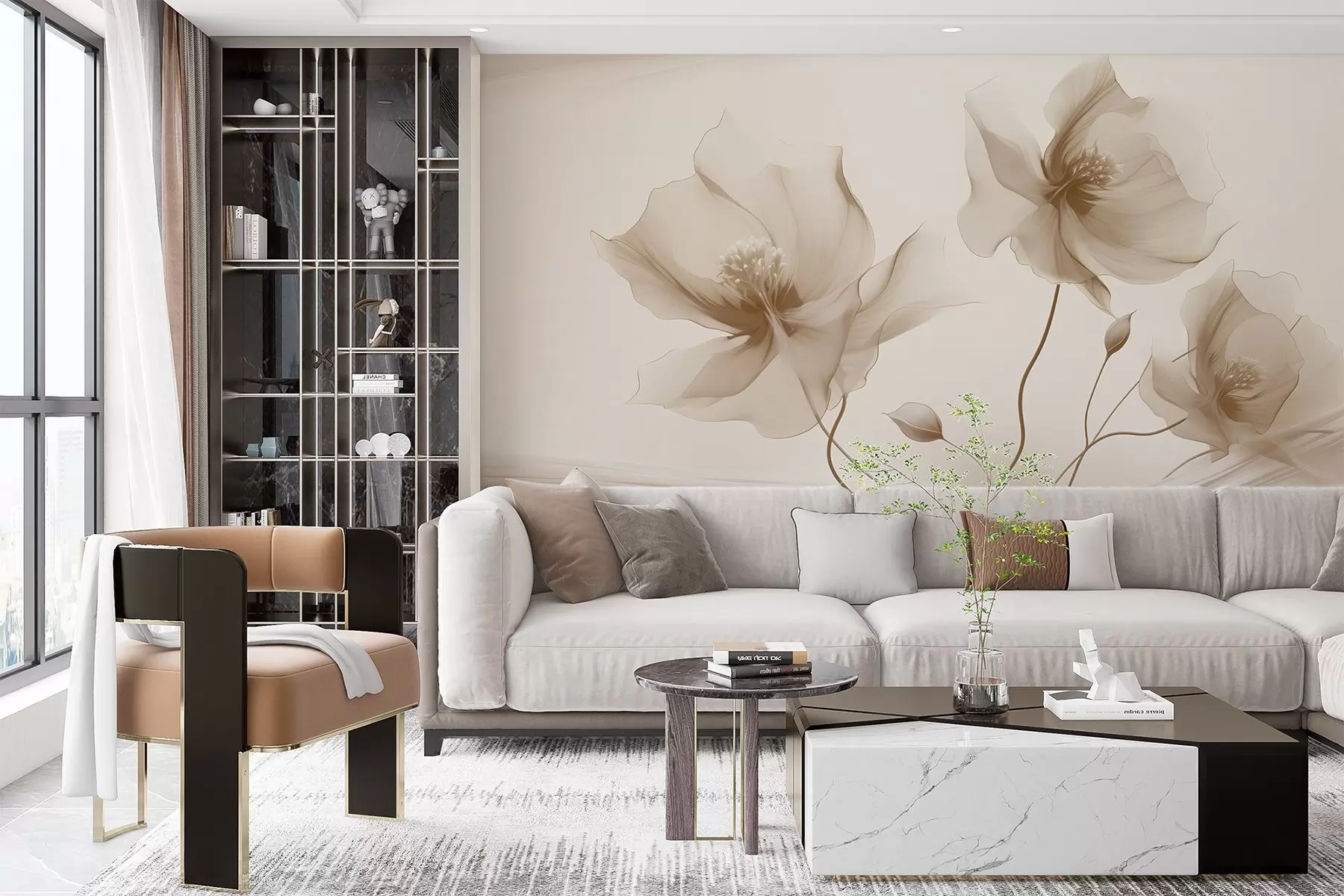 wall murals Три грациозна цвета са прозирним латицама, испреплетена тракама светлости и ветра у беж тоновима w01932