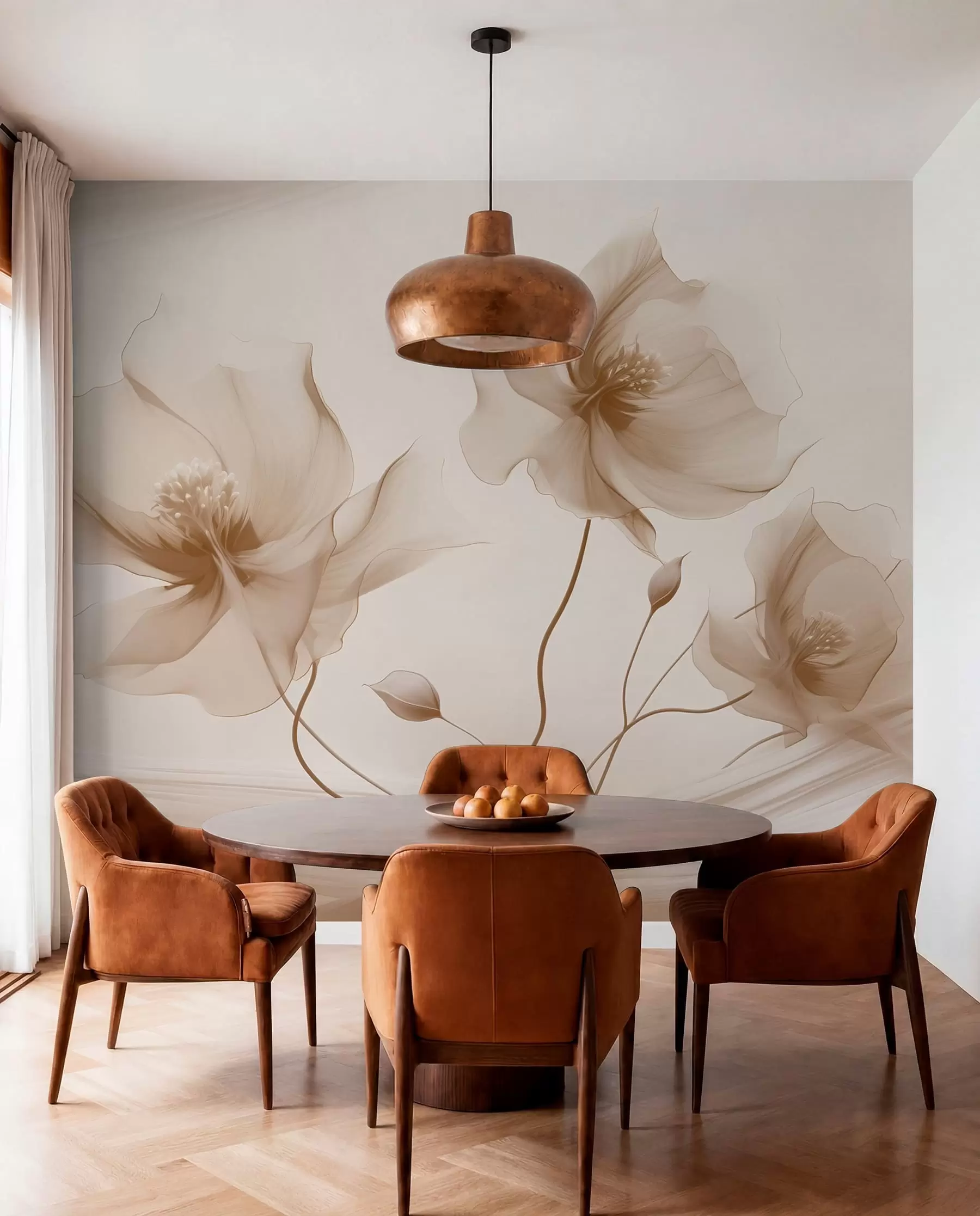 wall murals Три грациозна цвета са прозирним латицама, испреплетена тракама светлости и ветра у беж тоновима w01932