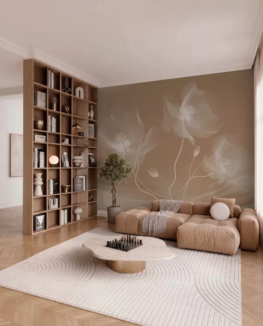 wall murals Три грациозна цвета са провидним латицама, испреплетена тракама светлости и ветра у сепији w01932v1
