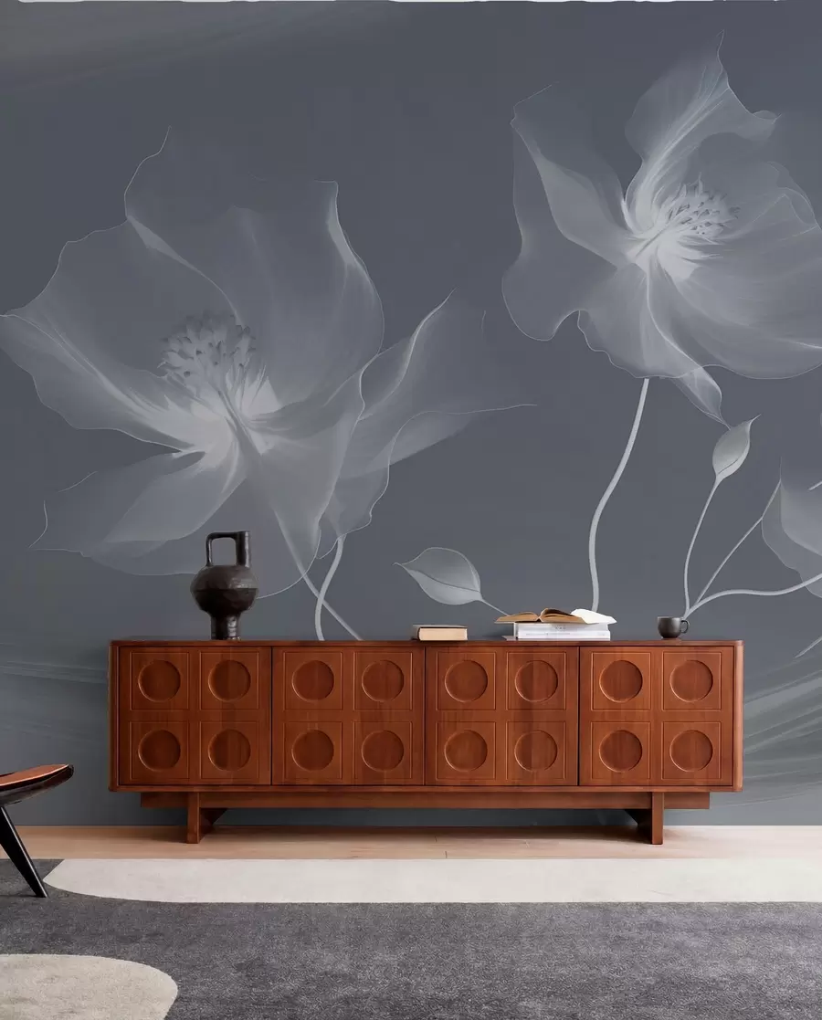 wall murals Три грациозна цвета са провидним латицама, испреплетена тракама светлости и ветра у плавим тоновима w01932v2