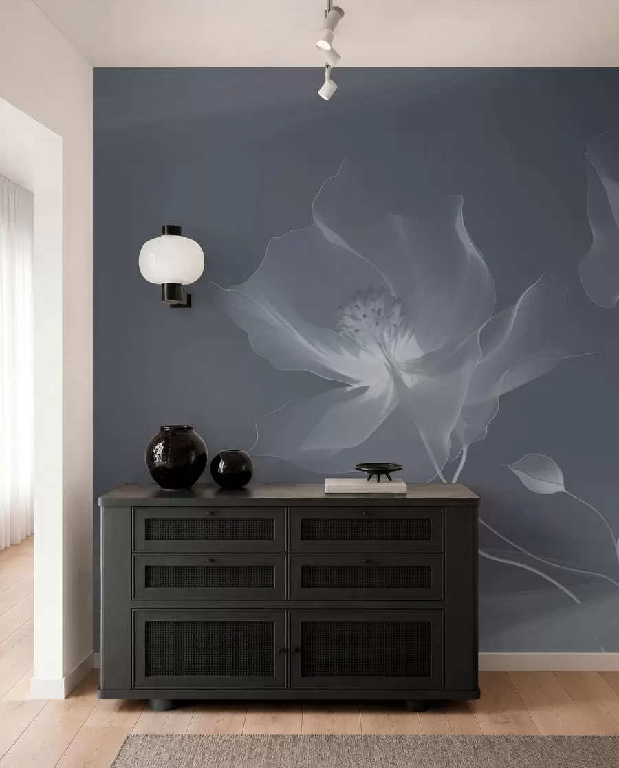 wall murals Три грациозна цвета са провидним латицама, испреплетена тракама светлости и ветра у плавим тоновима w01932v2