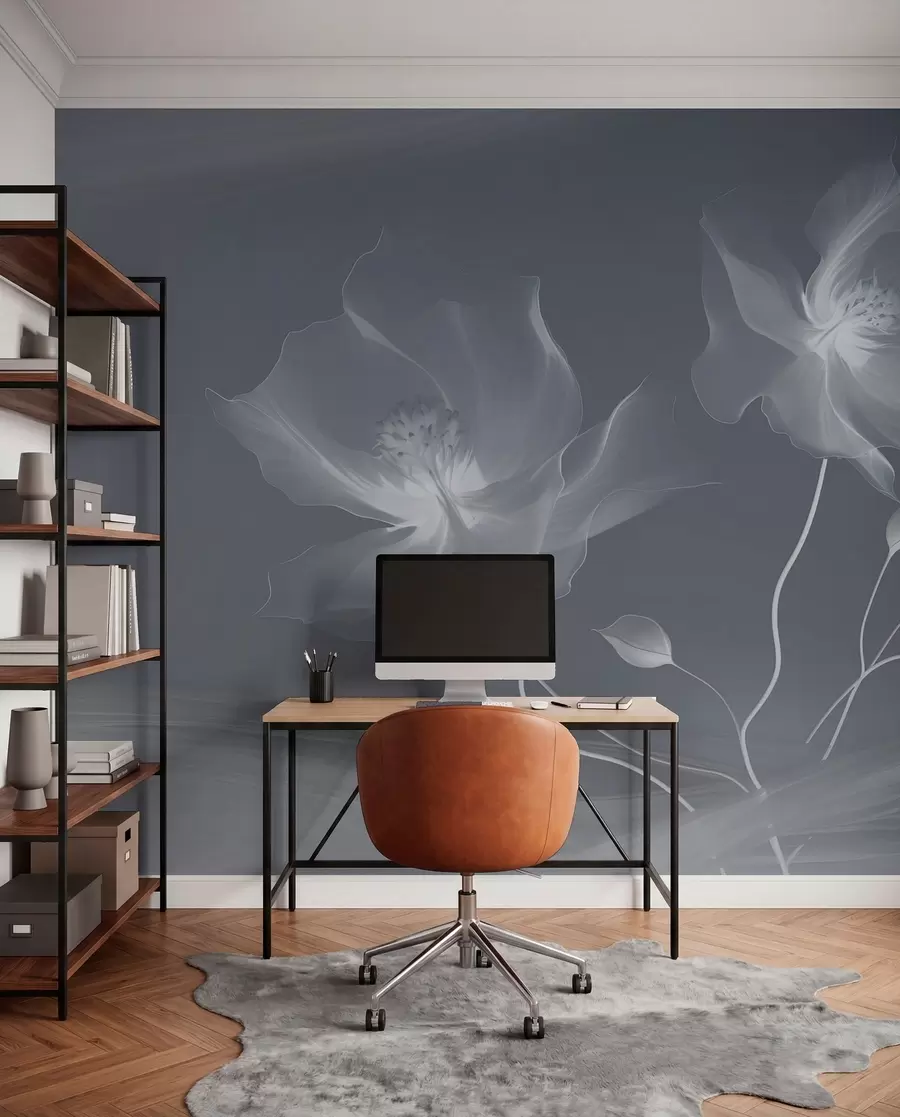 wall murals Три грациозна цвета са провидним латицама, испреплетена тракама светлости и ветра у плавим тоновима w01932v2