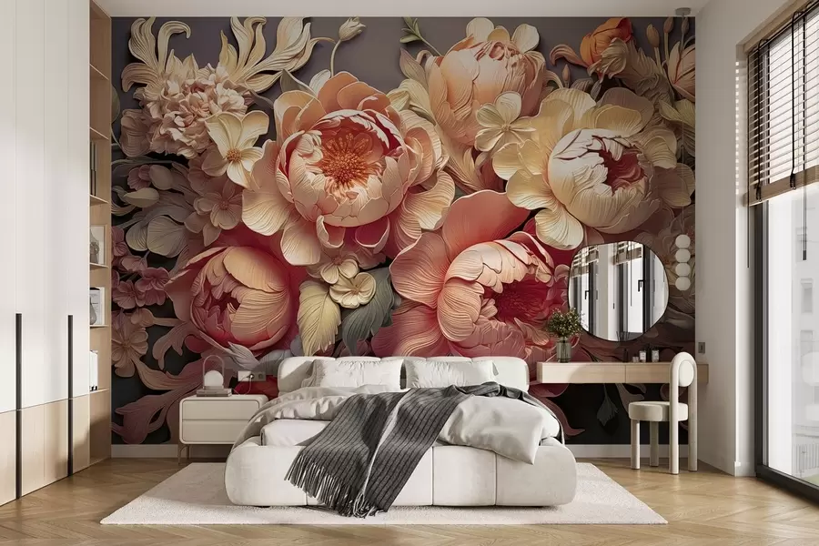 wall murals 3Д цветни аранжман са розе-беж божурима и ружама у рококо стилу на тамној позадини w01933