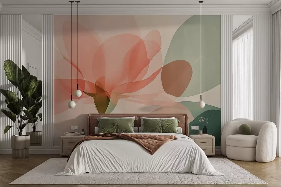 wall murals Нежне ружичасте гарденије и зелени тонови прозирног лишћа w02194