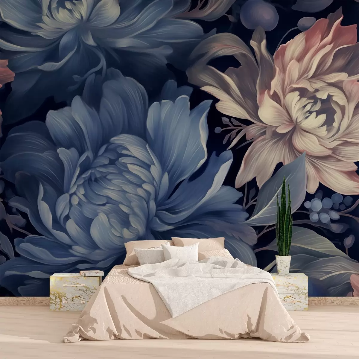 wall murals Тамноплава позадина са великим божурима w02218