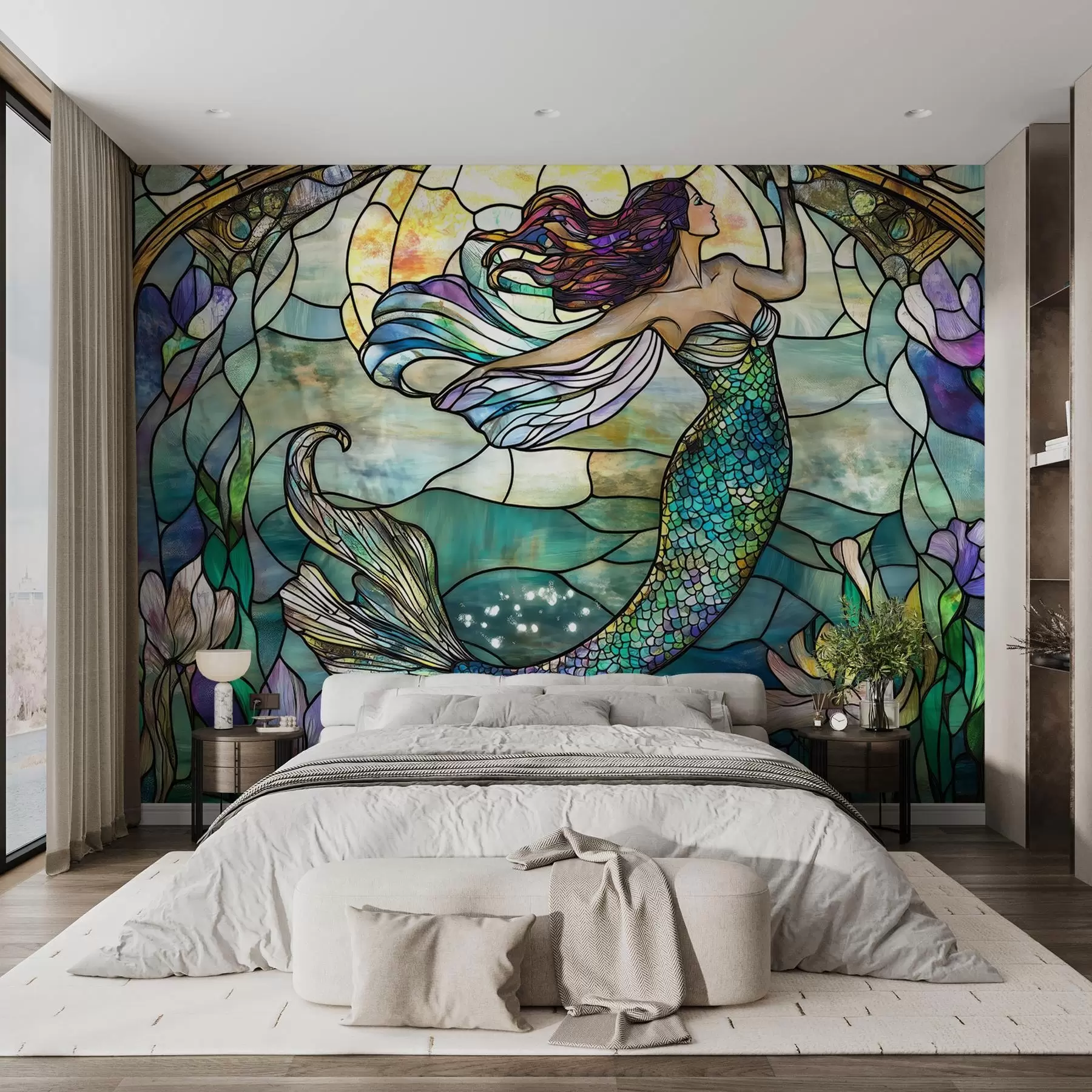 wall murals Тапета у стилу витража са ликом магичне сирене w02286