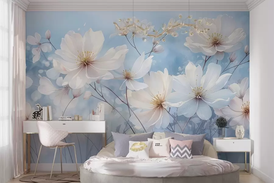 wall murals Нежно бело цвеће са меким латицама на замућеној плавој позадини, стварајући спокојну и етеричну атмосферу w08412