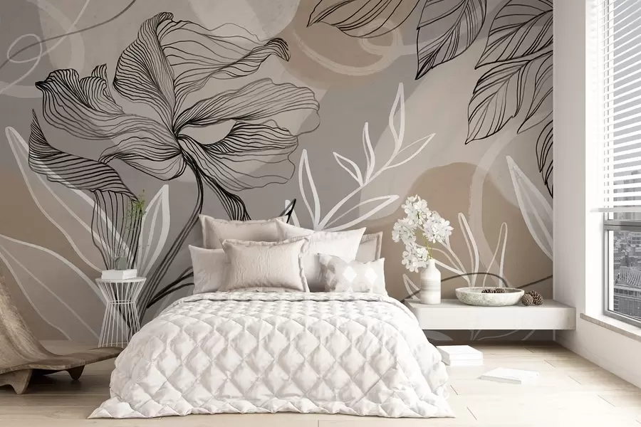 wall murals Елегантан цветни принт са великим апстрактним линијама цветова и листова у нијансама сиве и беж на светлој позадини w08413