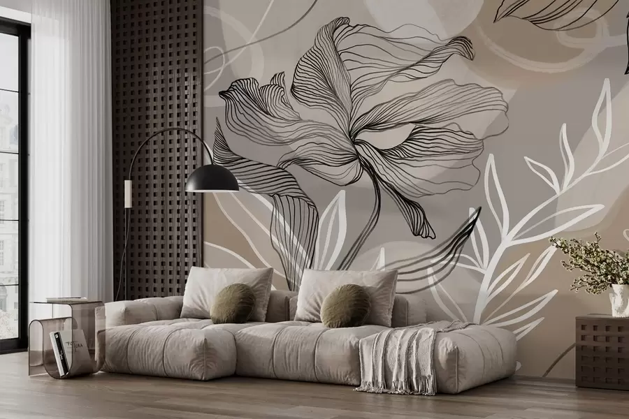 wall murals Елегантан цветни принт са великим апстрактним линијама цветова и листова у нијансама сиве и беж на светлој позадини w08413