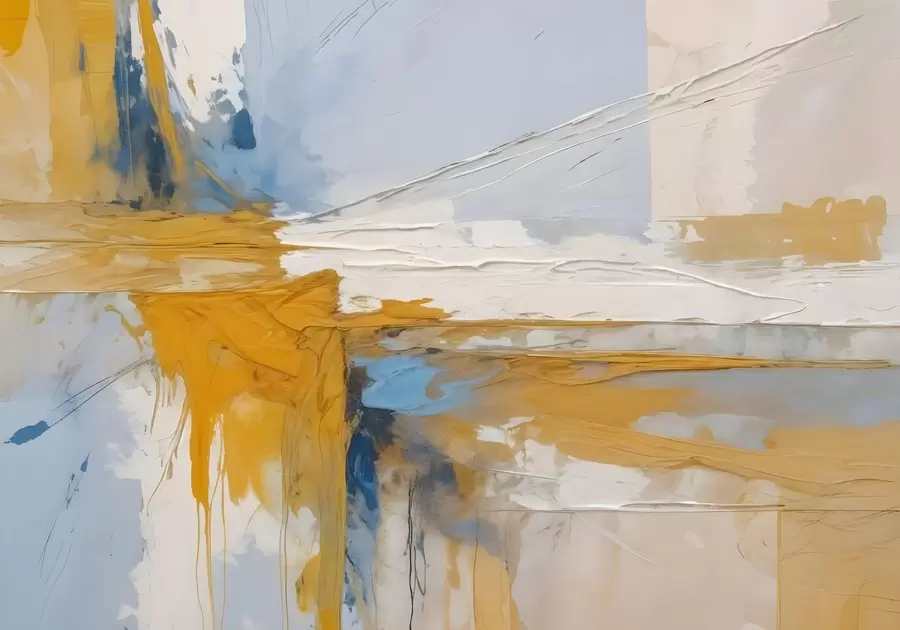 wall murals Минималистичка апстрактна уметничка композиција са смелим потезима жуте, плаве и беле боје  w08414