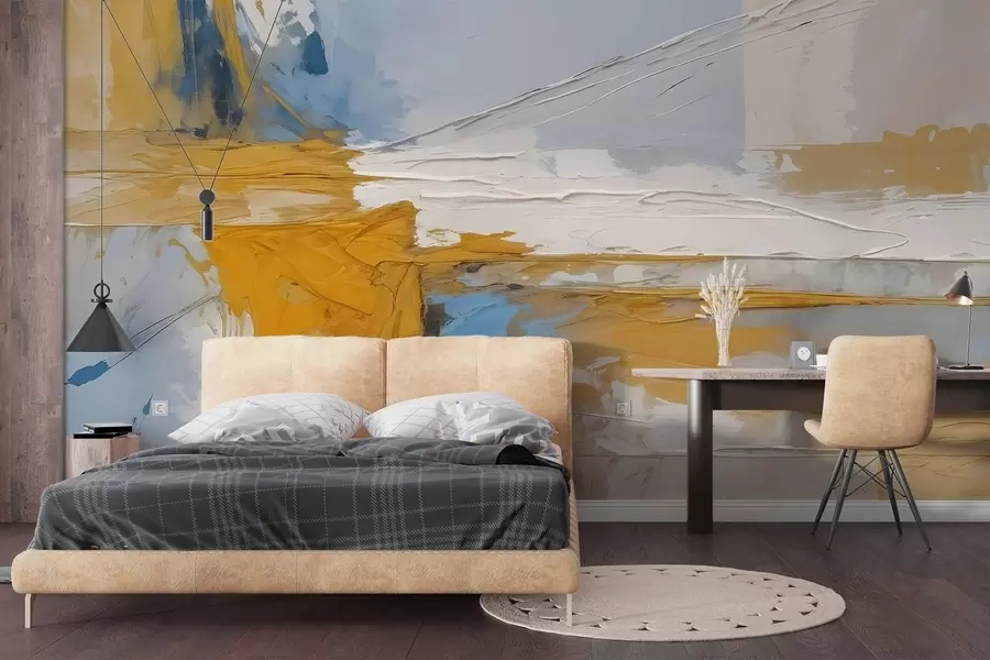 wall murals Минималистичка апстрактна уметничка композиција са смелим потезима жуте, плаве и беле боје  w08414