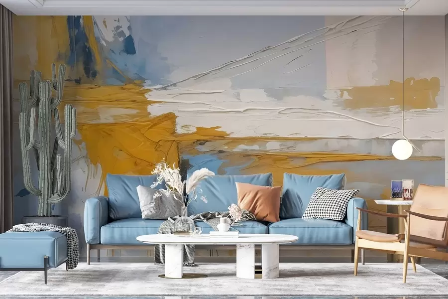 wall murals Минималистичка апстрактна уметничка композиција са смелим потезима жуте, плаве и беле боје  w08414