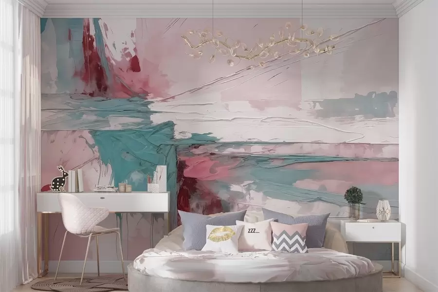 wall murals Минималистичка апстрактна уметничка композиција са смелим потезима розе, плаве и беле боје  w08414v1