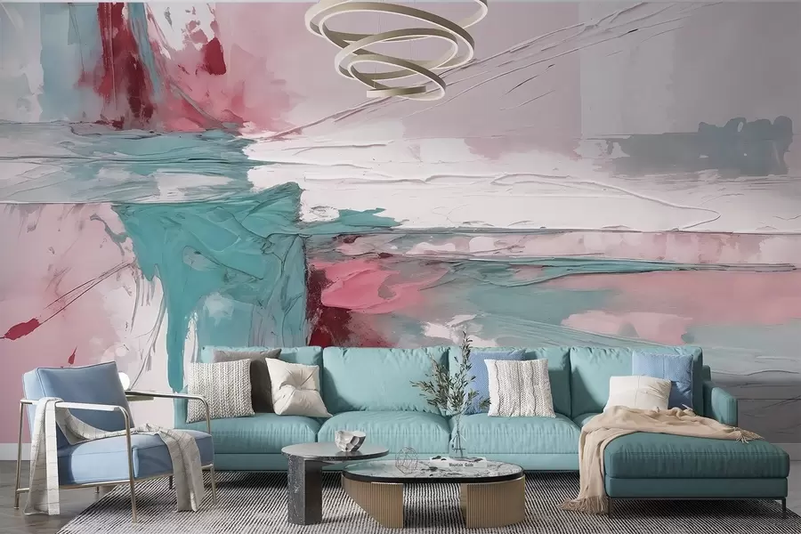 wall murals Минималистичка апстрактна уметничка композиција са смелим потезима розе, плаве и беле боје  w08414v1