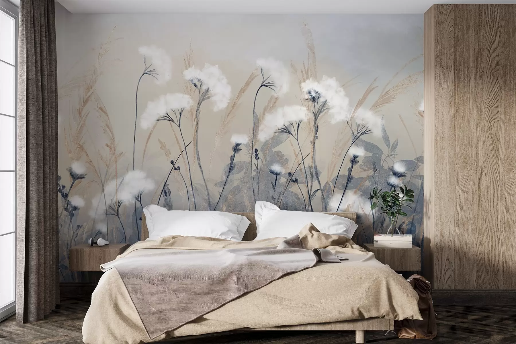 wall murals Пахуљаста бела памучна трава на замућеној текстурној позадини, са меком, магловитом и спокојном атмосфером w08416