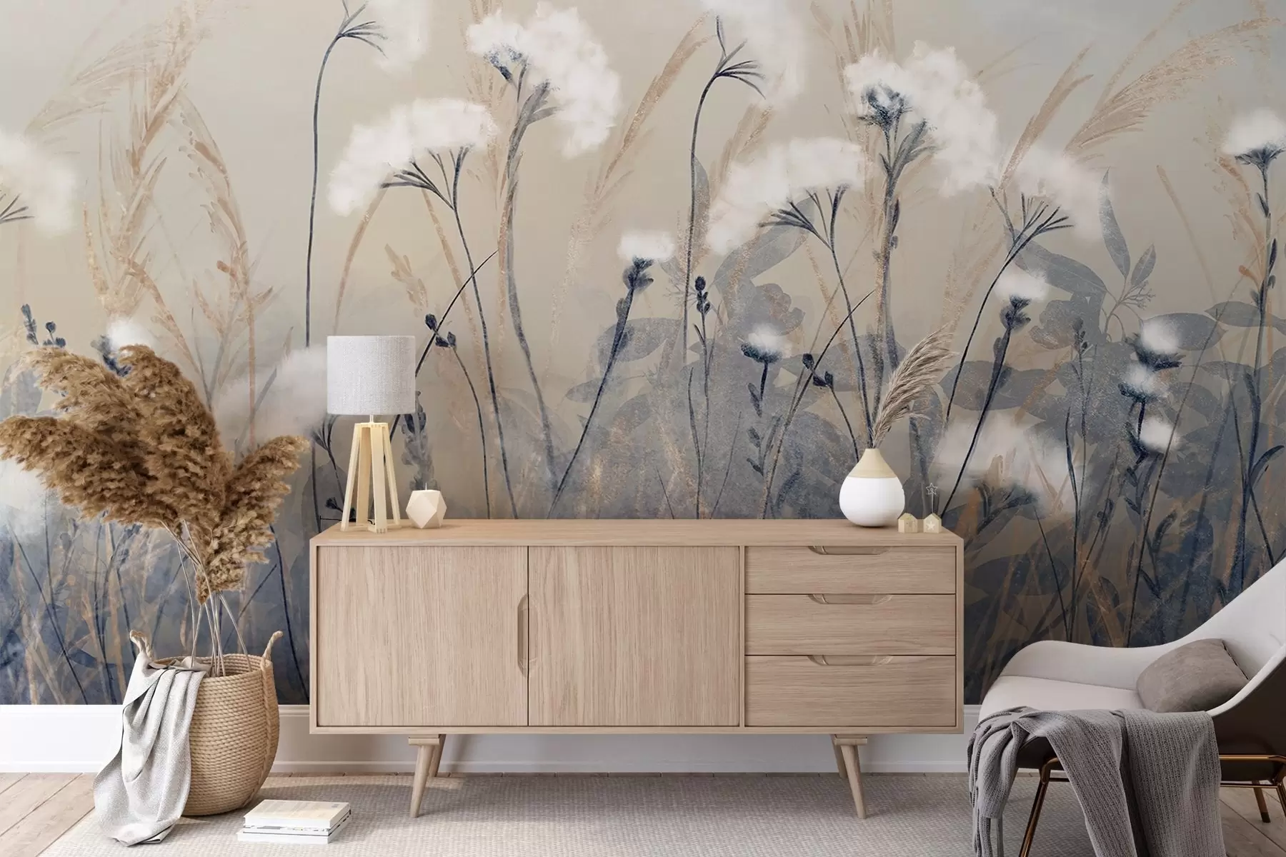 wall murals Пахуљаста бела памучна трава на замућеној текстурној позадини, са меком, магловитом и спокојном атмосфером w08416