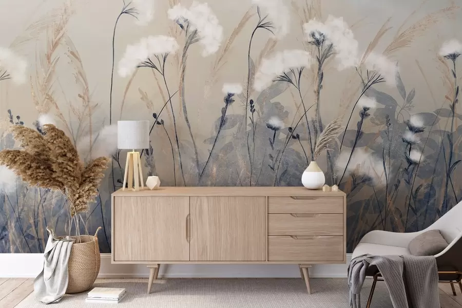 wall murals Пахуљаста бела памучна трава на замућеној текстурној позадини, са меком, магловитом и спокојном атмосфером w08416