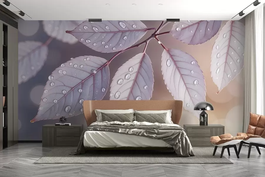 wall murals Нежно љубичасто лишће са капљицама воде, позадина меког фокуса w08419