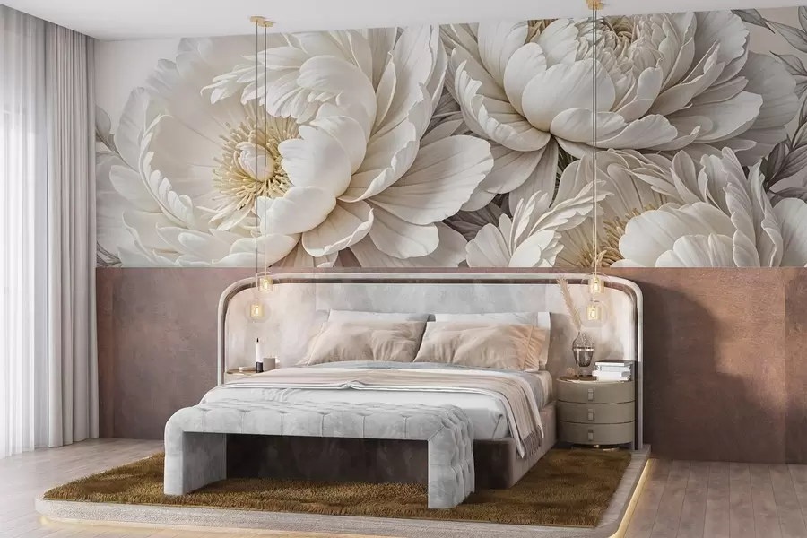 wall murals Нежни пастелни бели божури са бујним лишћем на мекој, неутралној позадини w08420