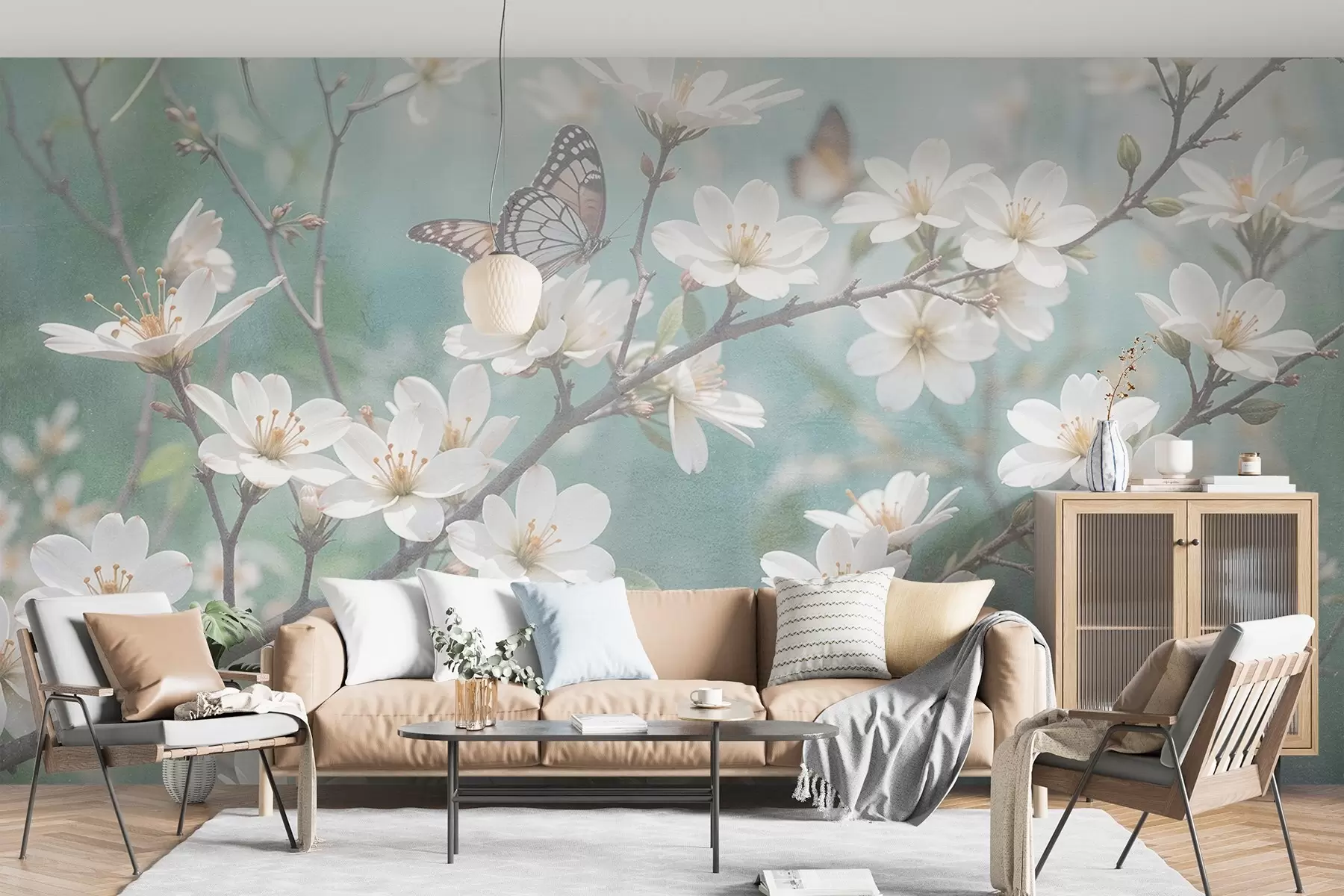 wall murals Бели лептир на грани са деликатним белим цветовима трешње у првом плану на замућеној позадини w08421