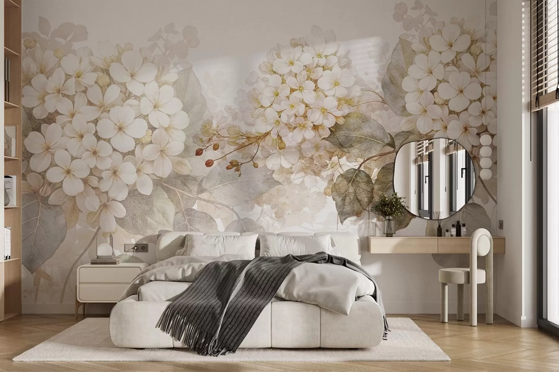 wall murals Нежно бело цвеће хортензије са меким зеленим листовима на светлој позадини w08422