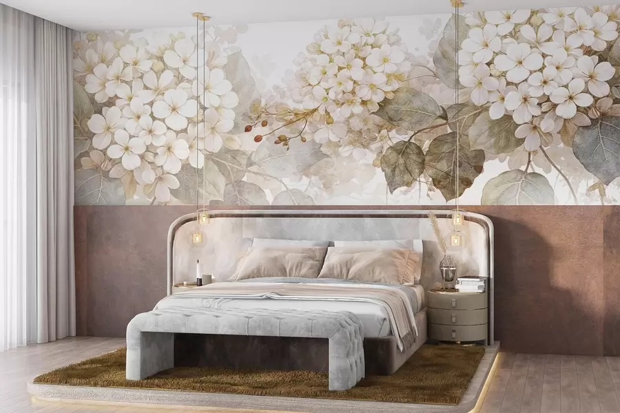 wall murals Нежно бело цвеће хортензије са меким зеленим листовима на светлој позадини w08422