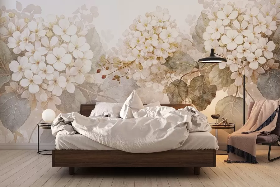 wall murals Нежно бело цвеће хортензије са меким зеленим листовима на светлој позадини w08422