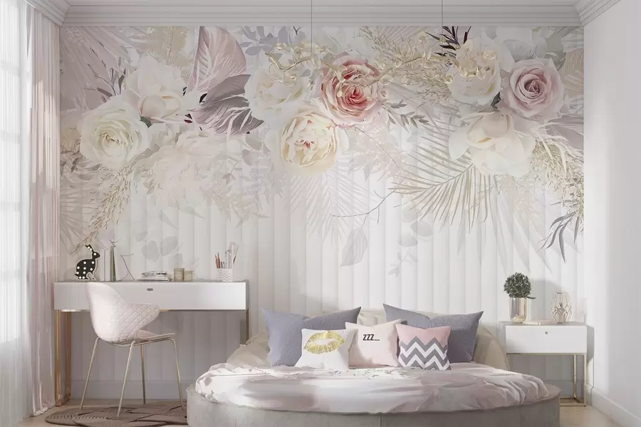 wall murals Цветни аранжман са ружичастим и белим ружама, палминим листовима и другим тропским лишћем на белој позадини w08425