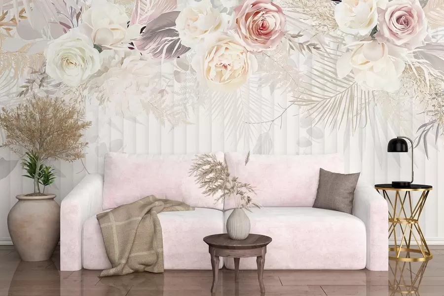 wall murals Цветни аранжман са ружичастим и белим ружама, палминим листовима и другим тропским лишћем на белој позадини w08425