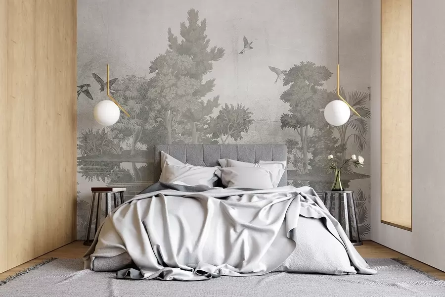 wall murals Штампа шумског пејзажа са језером окруженим боровима и другим лишћем на текстурној зеленој позадини w08426v1