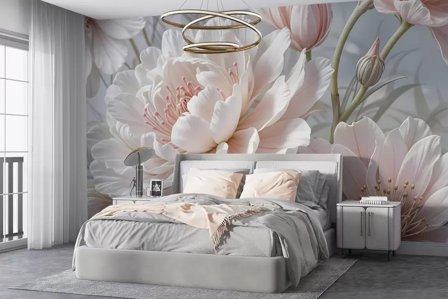 wall murals Велики, деликатни бели и ружичасти цветови божура са меким, лепршавим латицама на замућеној сивој позадини w08427