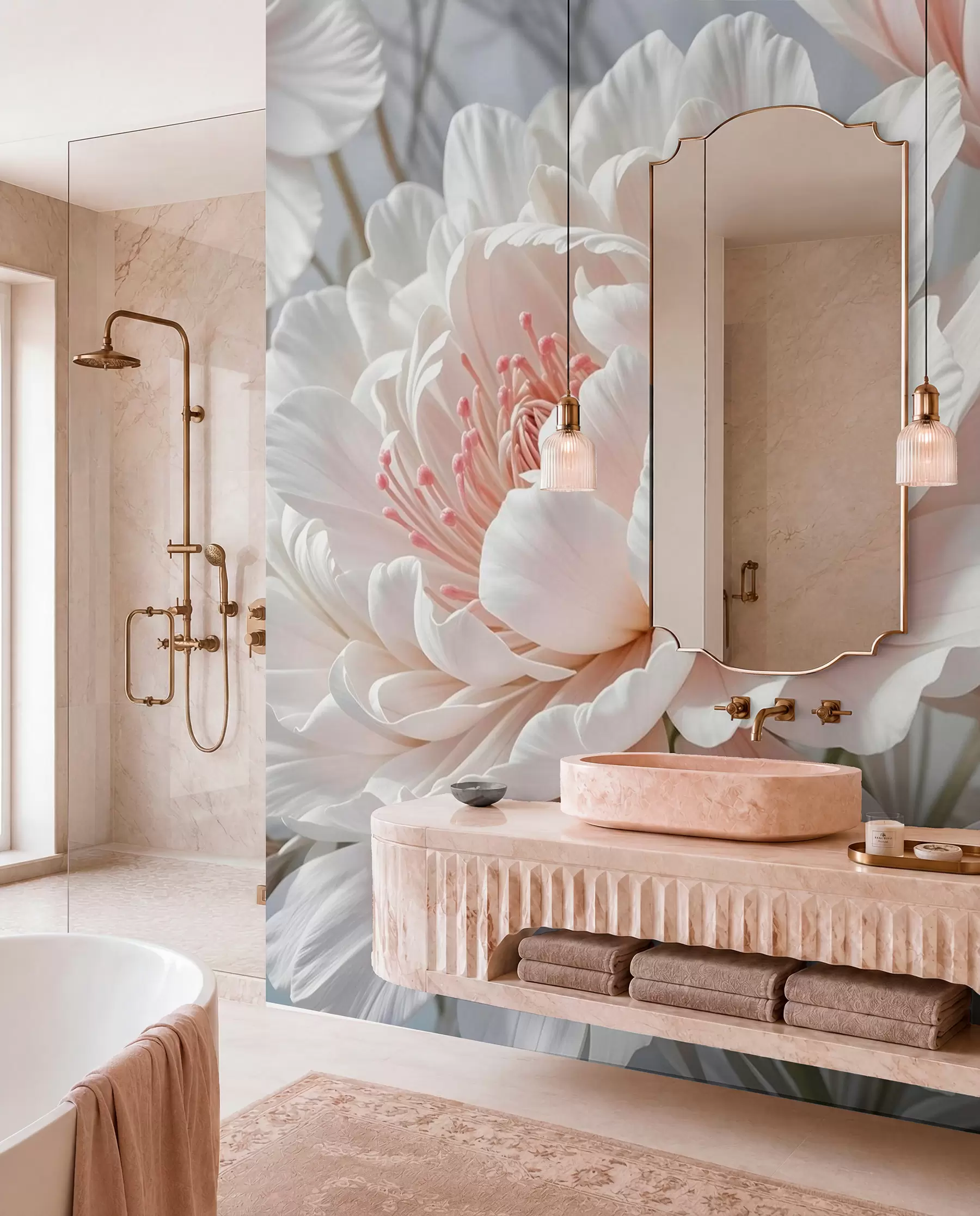 wall murals Велики, деликатни бели и ружичасти цветови божура са меким, лепршавим латицама на замућеној сивој позадини w08427