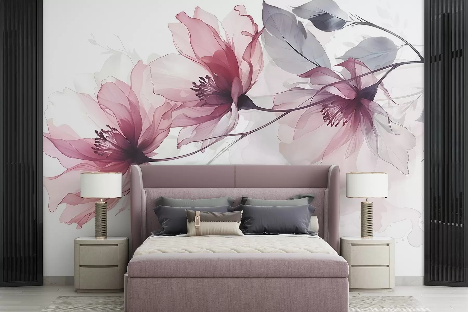wall murals Нежно прозирно розе и сиво цвеће са меким, замућеним латицама на белој позадини w08429