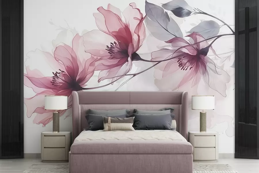 wall murals Нежно прозирно розе и сиво цвеће са меким, замућеним латицама на белој позадини w08429