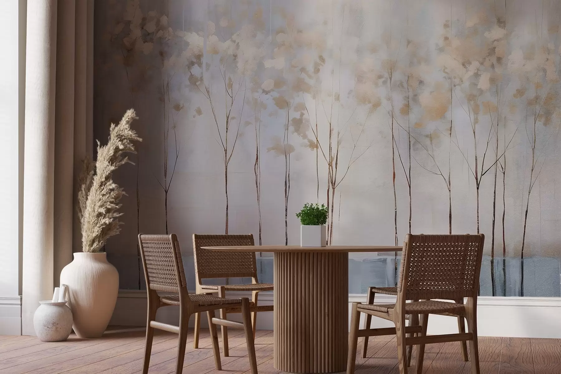 wall murals Голо дрвеће у апстрактном пастелном замагљеном зимском минималистичком пејзажу са меком, магловитом позадином w08430