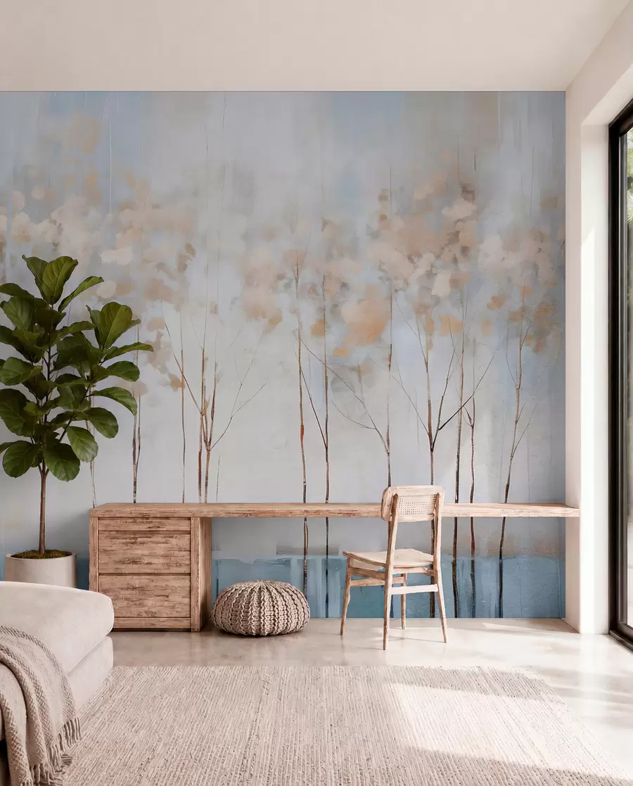 wall murals Голо дрвеће у апстрактном пастелном замагљеном зимском минималистичком пејзажу са меком, магловитом позадином w08430