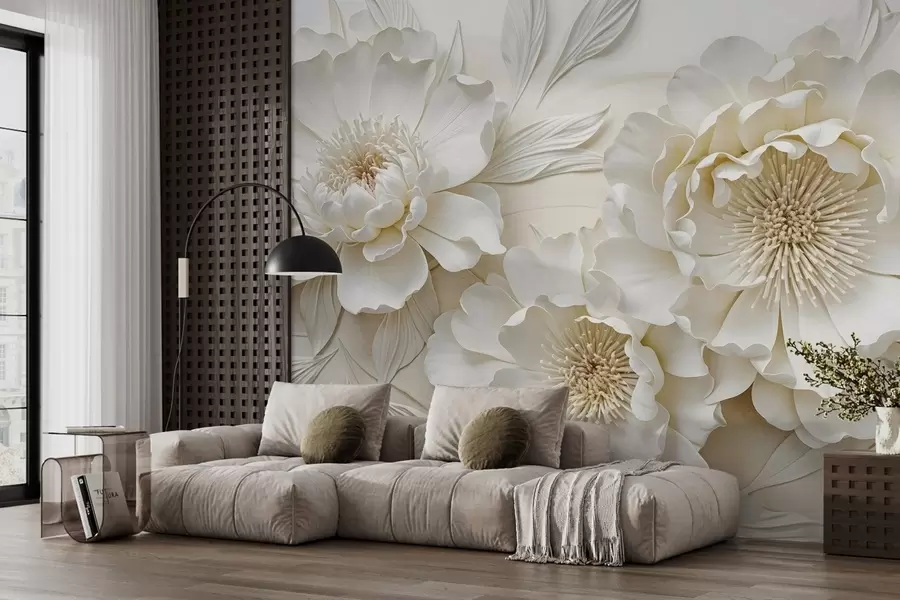 wall murals Елегантне обимне имитације цветова белог божура са меким латицама и пастелно жутим срединама, на светлој позадини w08431