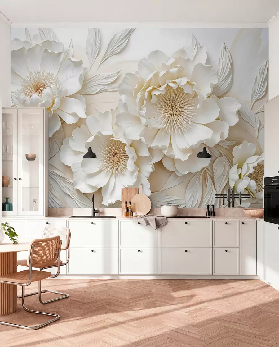 wall murals Елегантне обимне имитације цветова белог божура са меким латицама и пастелно жутим срединама, на светлој позадини w08431